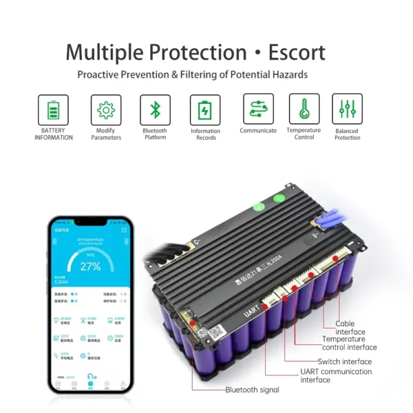 Jiabaida 6-21S JBD-SP21S001 Smart BMS 120A-200A 48V-76V LiFePO4 Li-ion Xiaoxiang App available (4)