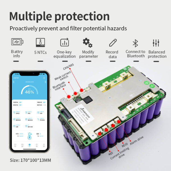 Jiabaida 8-24S JBD-SP24S004 Smart BMS Support UART+485+CAN Communication 40A-200A 24V-76V LiFePO4 LFP External Bluetooth Xiaoxiang App available (3)